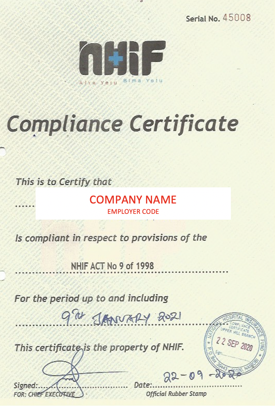 NHIF Compliance Certificate Application Guideline and Request For Certificate Of Compliance Template